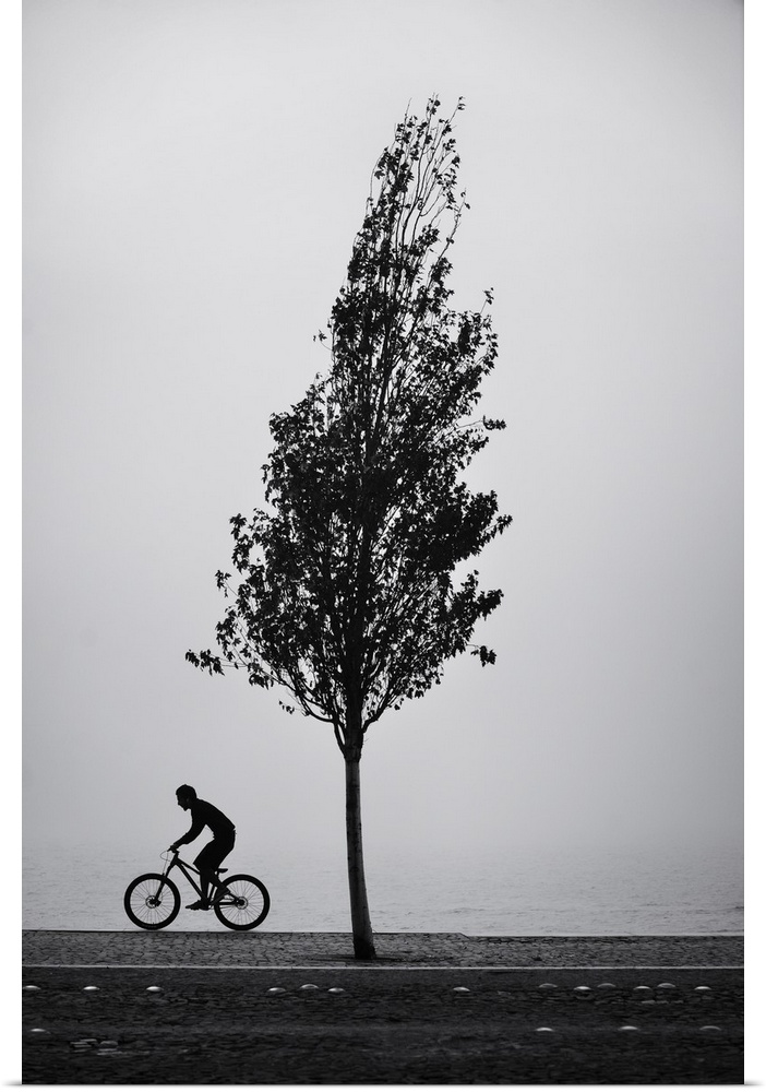 Young man riding a bicycle on a foggy morning.