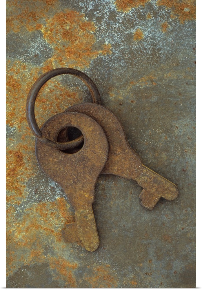Two small simple rusty keys on keyring lying on rusty metal sheet