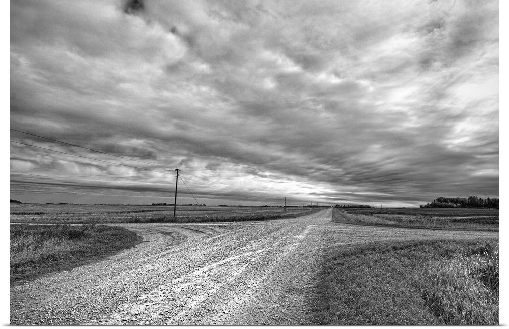 Grey skies above cross roads in North Dakota, Cavalier County USA