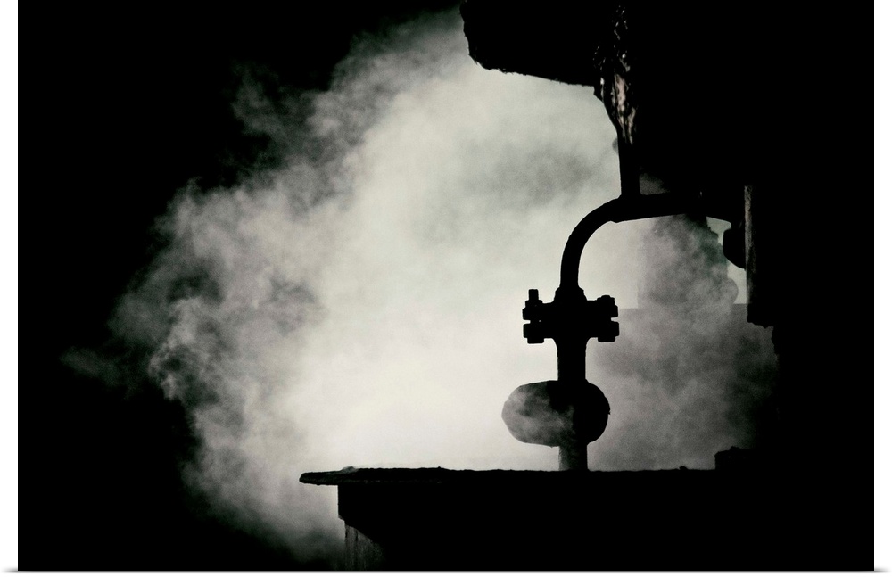 Conceptual image of smoke inside the factory. Dark and scary place.