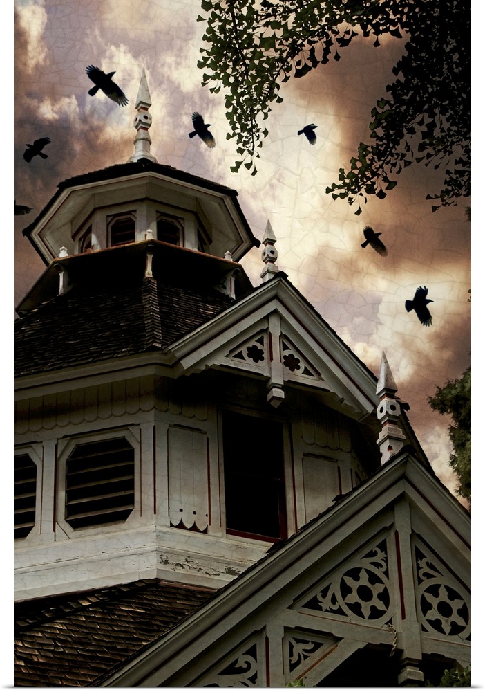 Crows near a Victorian carriage house can sense an approaching storm.