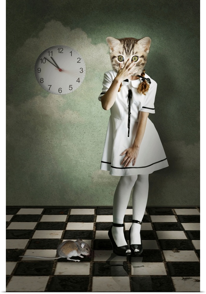 surreal kitten dressed as a human witha mouse and a clock