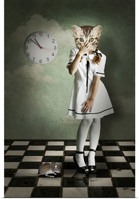 Surreal kitten dressed as a human with a mouse and a clock