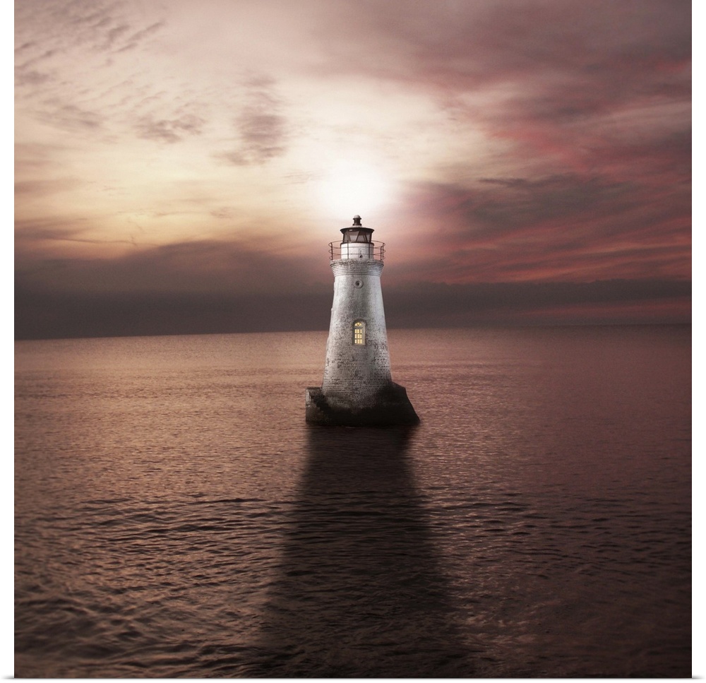 A white lighthouse with sunset and calm sea