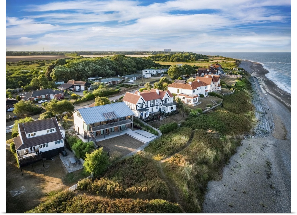 Aerial view by drone of coastal properties in Thorpeness, Suffolk, England.