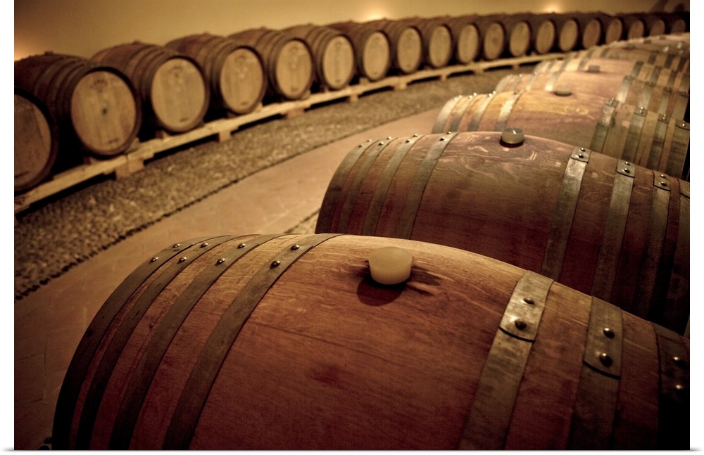 Wine barrels in a cellar in Italy.