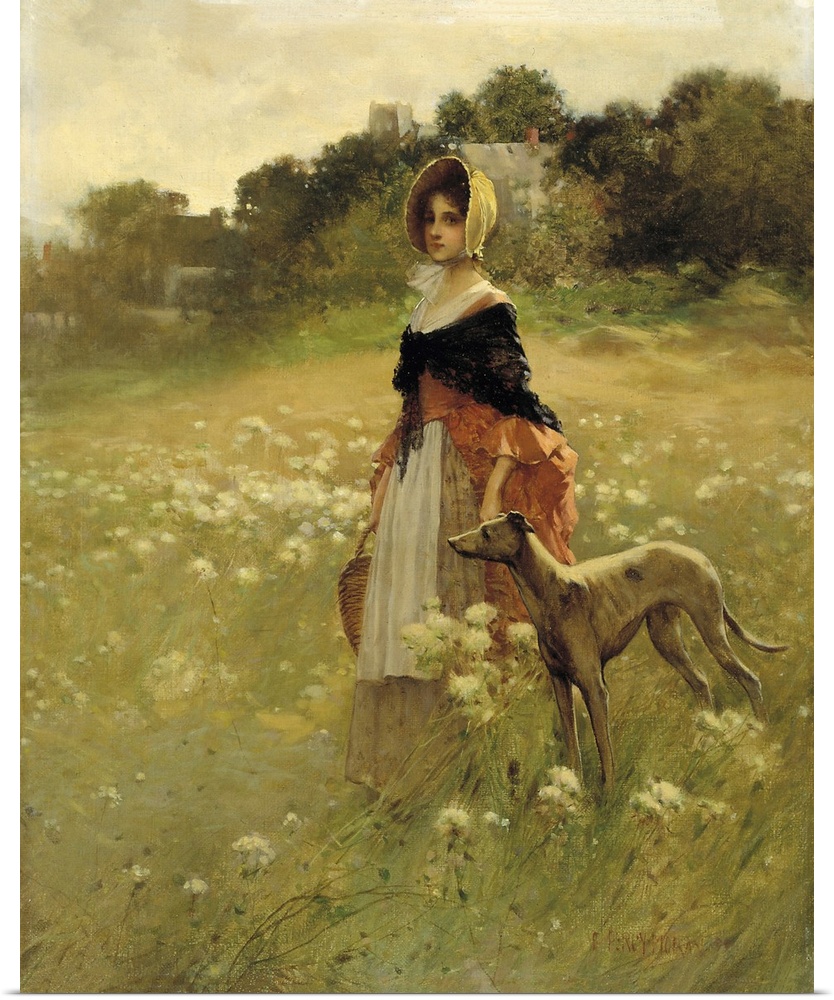 This scene of a young girl and her dog in a windswept field is a romantic image of American colonial life.
