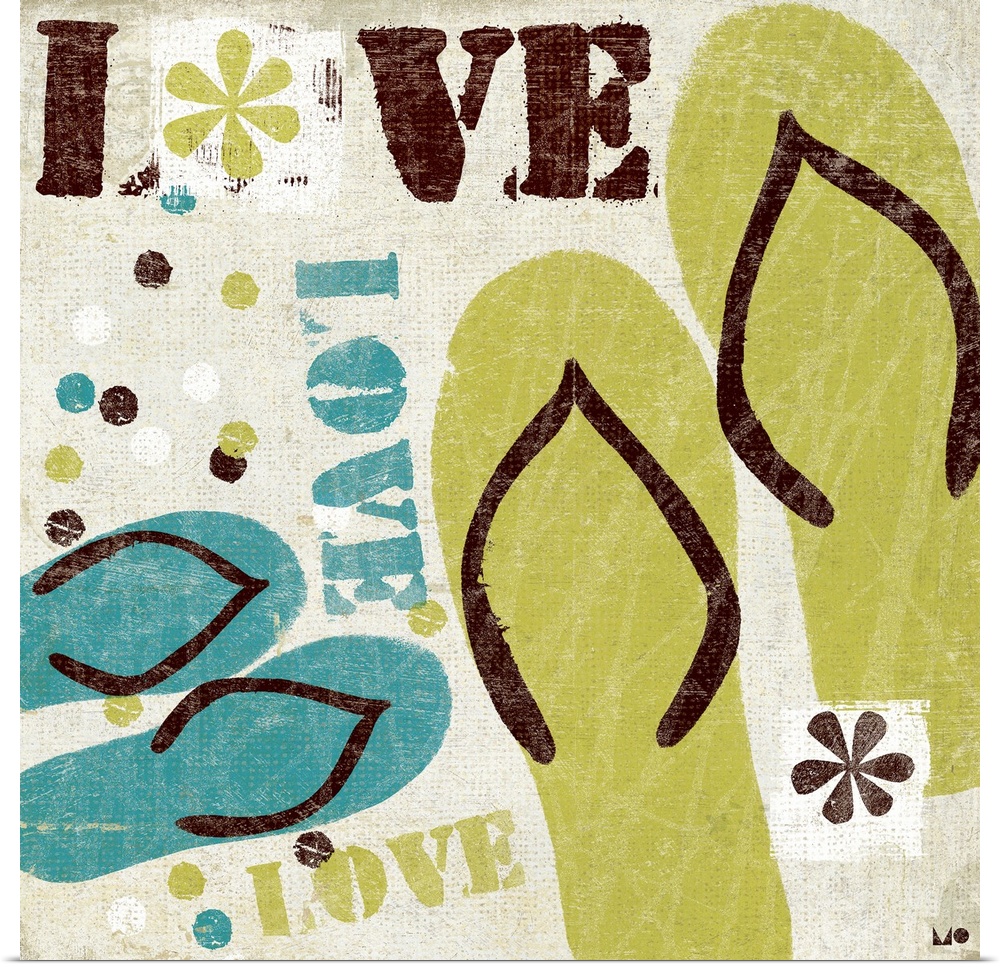 Flip flops and retro flowers are painted onto a neutral background with the word love scattered about.