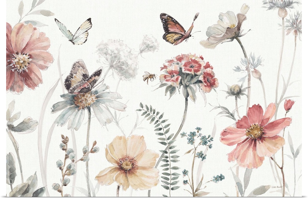Contemporary country artwork of wildflowers with fluttering butterfly over a white background.