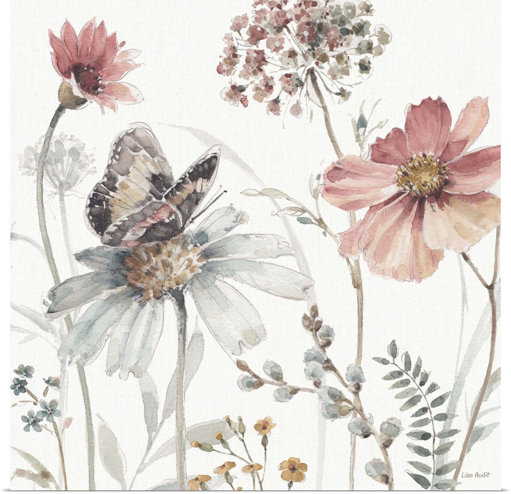 A square decorative watercolor painting of a group of country wild flowers and butterfly on a white background.