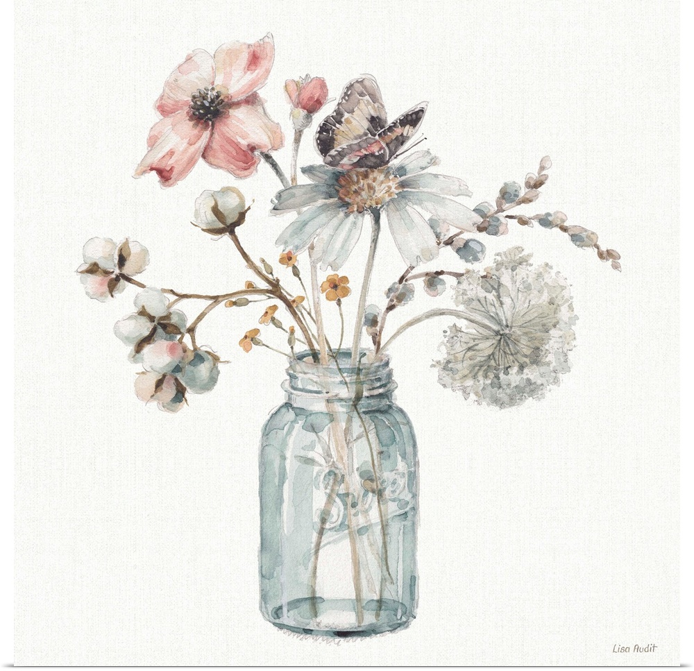Decorative artwork of watercolor flowers in a mason jar over a white background.