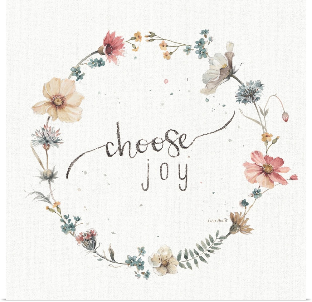 Decorative artwork of a floral wreath with the words, choose joy, in the center.