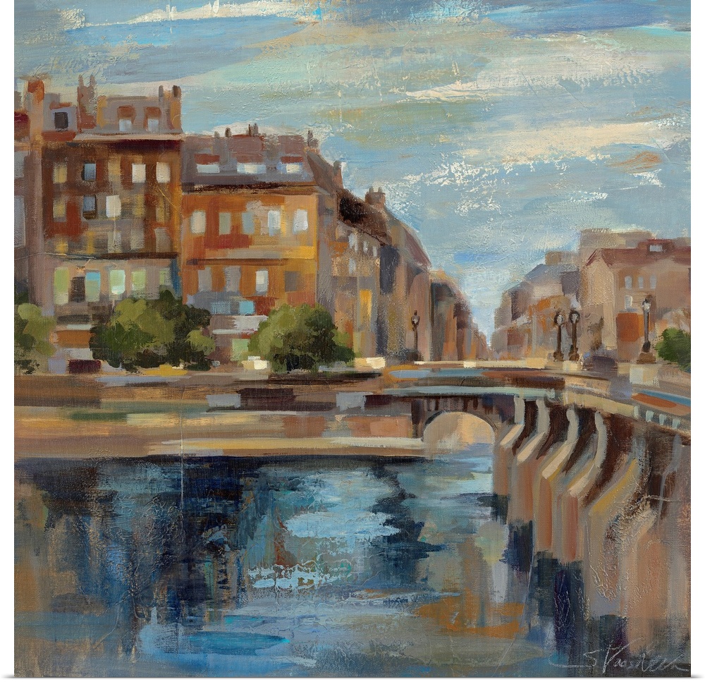 This contemporary artwork is a painting of scenery in Paris with a small bridge over water and buildings straight ahead.