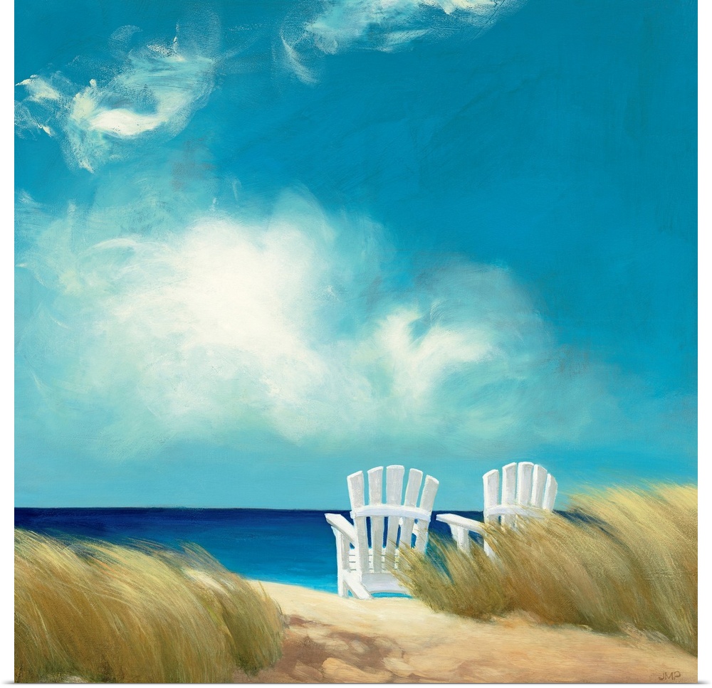 Giant, square wall painting of a sandy path leading through a grassy beach to two lounge chairs that are facing blue waters.