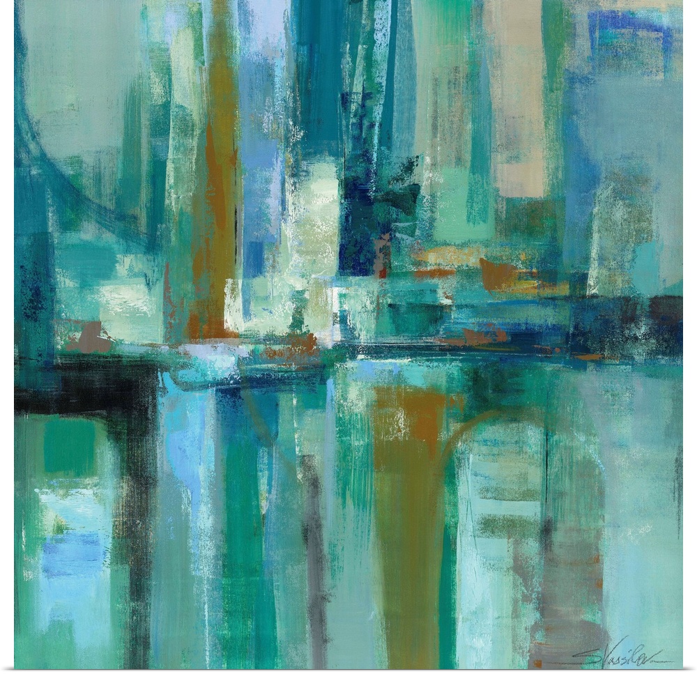Contemporary abstract painting of rectangular blocks of color in cool tones.