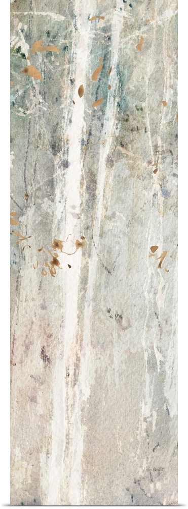 Decorative artwork of a white slender trees with fluttering brown leaves over a subdued gradated background.