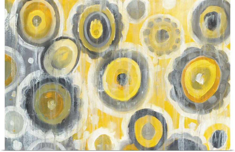 Geometric abstract painting with yellow, gray, and white circles and white paint drips falling from the top to the bottom.