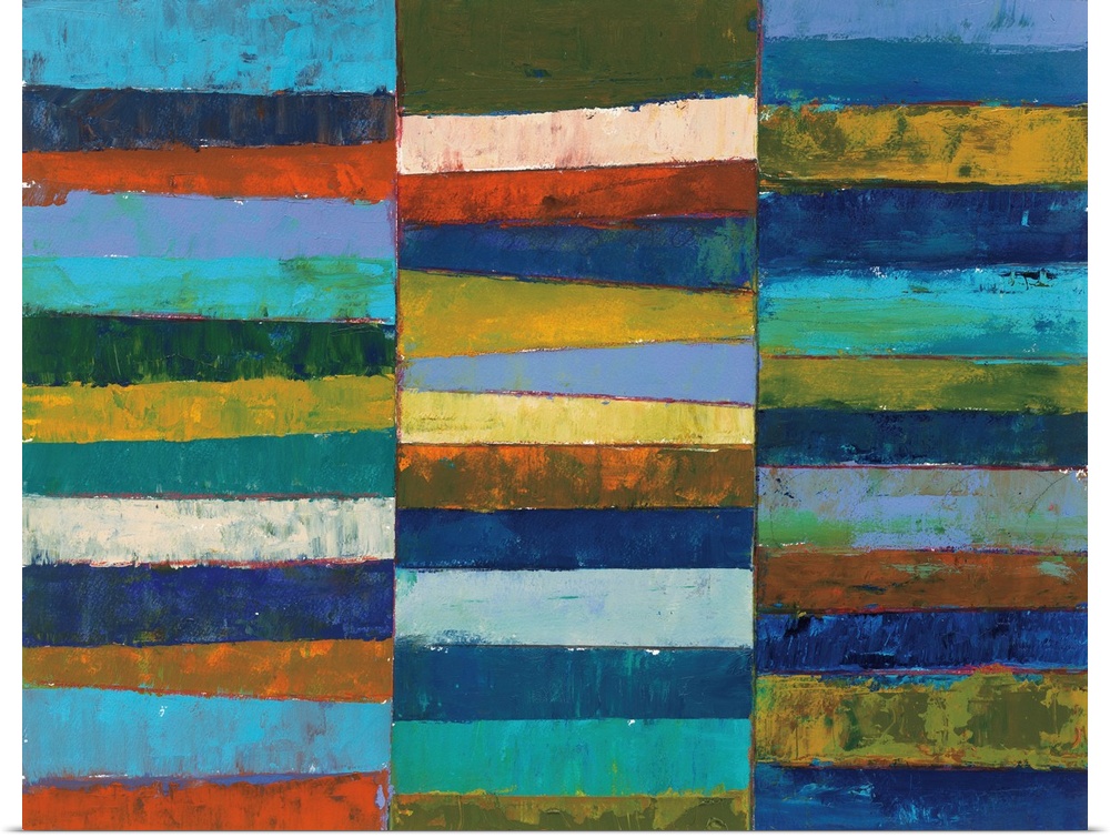 A bright geometric abstract painting featuring blocks of color stacked in three columns. It has a coastal feel.