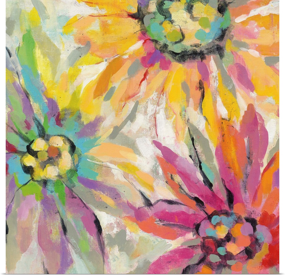 Contemporary painting of vibrant colorful flowers.