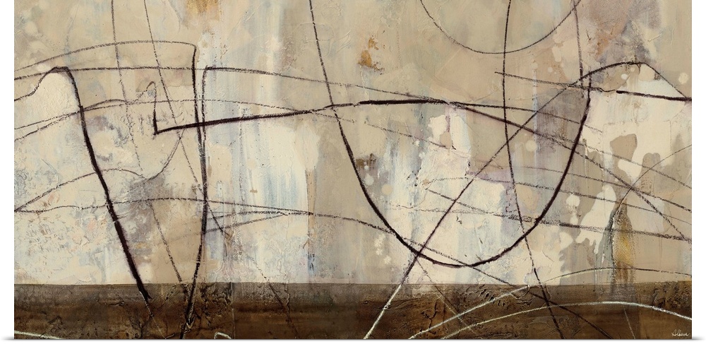 Contemporary abstract painting in shades of brown with bold lines.