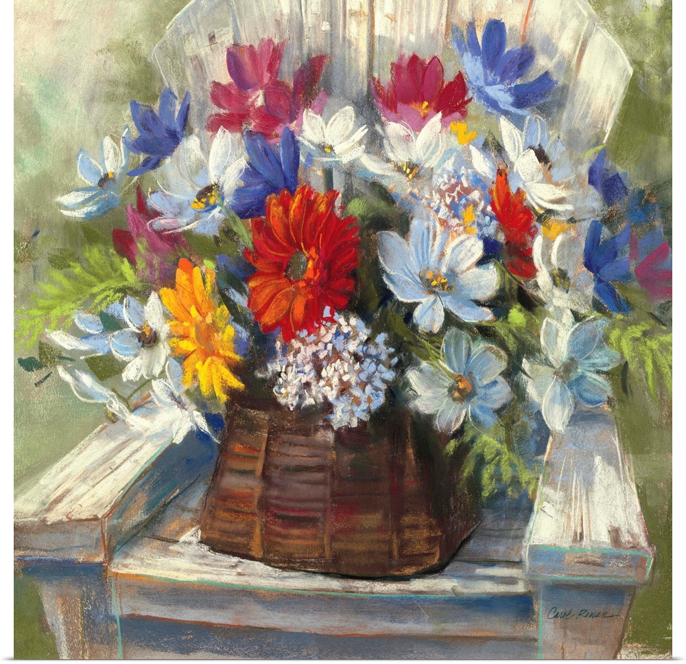 Contemporary painting of a basket of flowers sitting on wooden deck chair.
