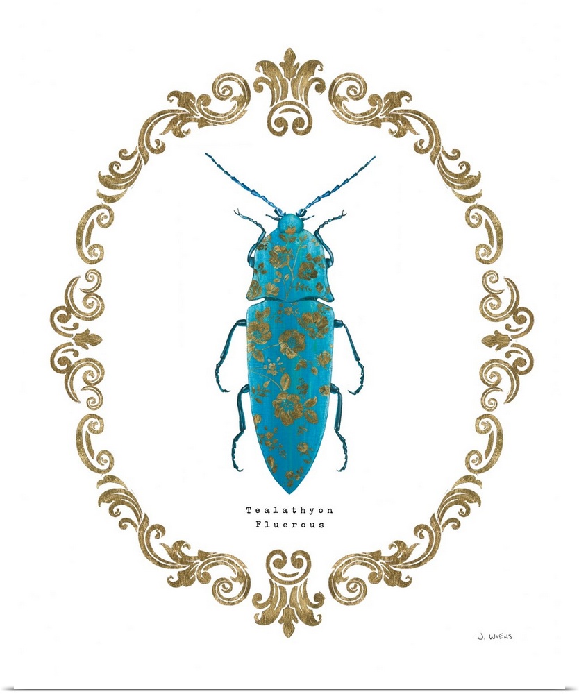 Decorative artwork of beetle a surrounded by a baroque gold frame with the words, 'Tealathyon Fluerous'.