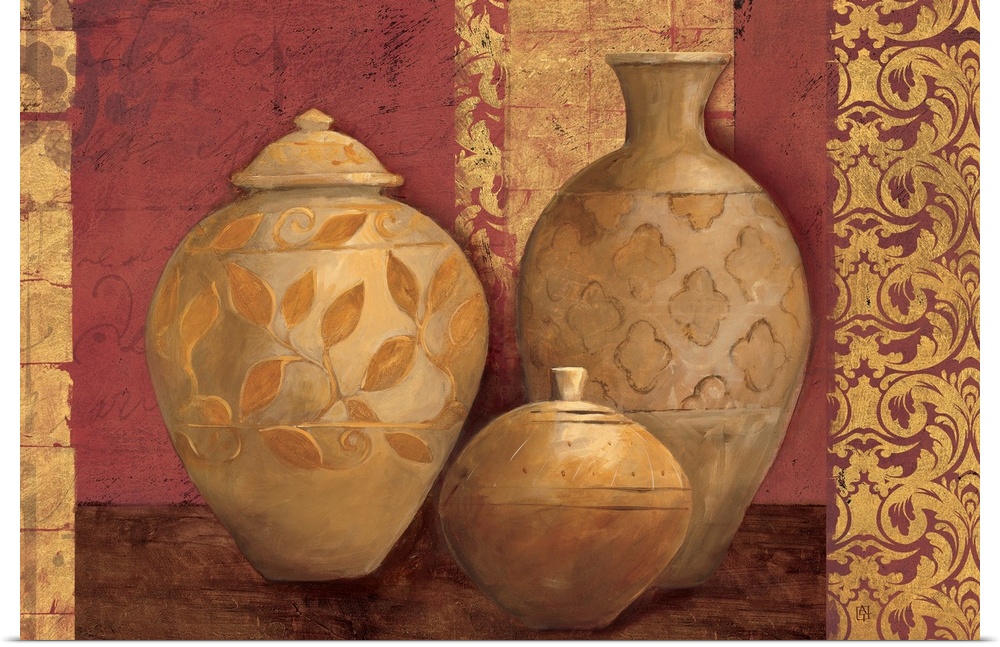 Three different size and styled vases are painted against an antique patterned background.