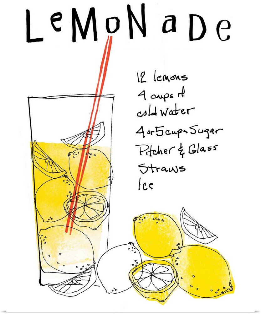 This is a vertical illustration for the living room or kitchen of a hand drawn glass of lemonade and lemons with instructi...