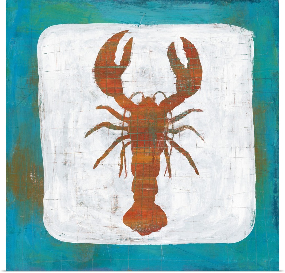 Square painting of a lobster on a white background with a blue boarder and tiny faint scratch marks creating texture and a...
