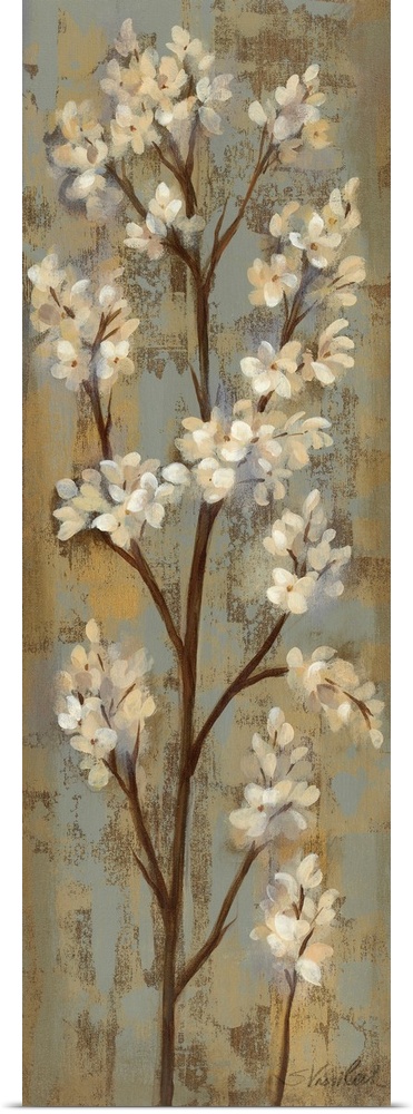 This tall vertical piece consists of a painting of a tall branch with white flower petals.