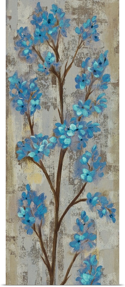 Tall vertical artwork of blue contemporary flowers over distressed background.