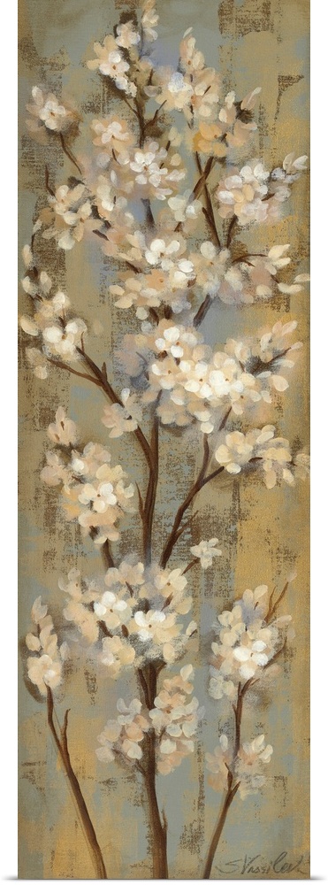 Vertical panoramic painting of long vertical branches covered in small flowers.
