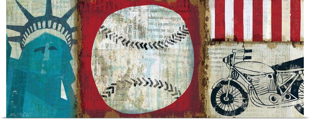 Mixed media design featuring classic American symbols, including the Statue of Liberty, a baseball, and a motorcycle.