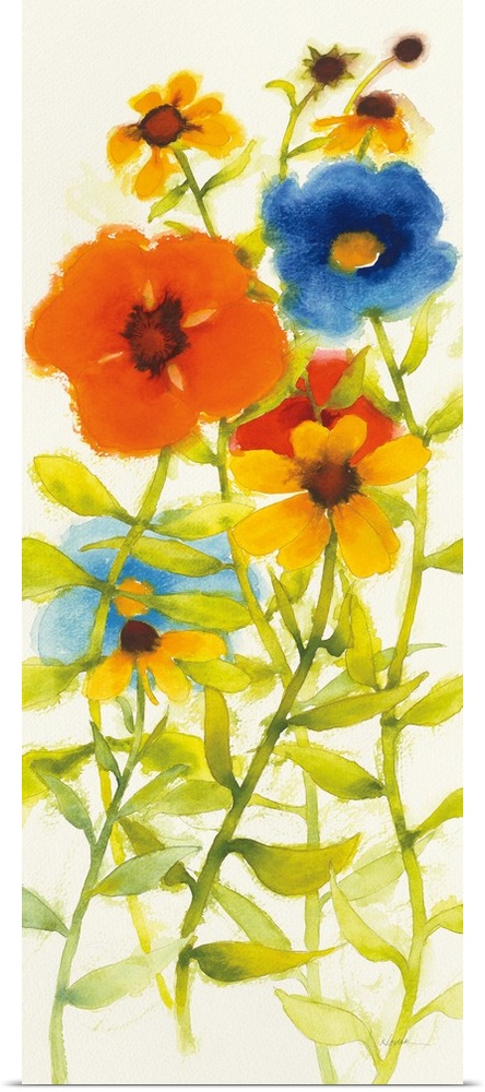 Tall watercolor painting of red, yellow, orange, and blue flowers on a white background.