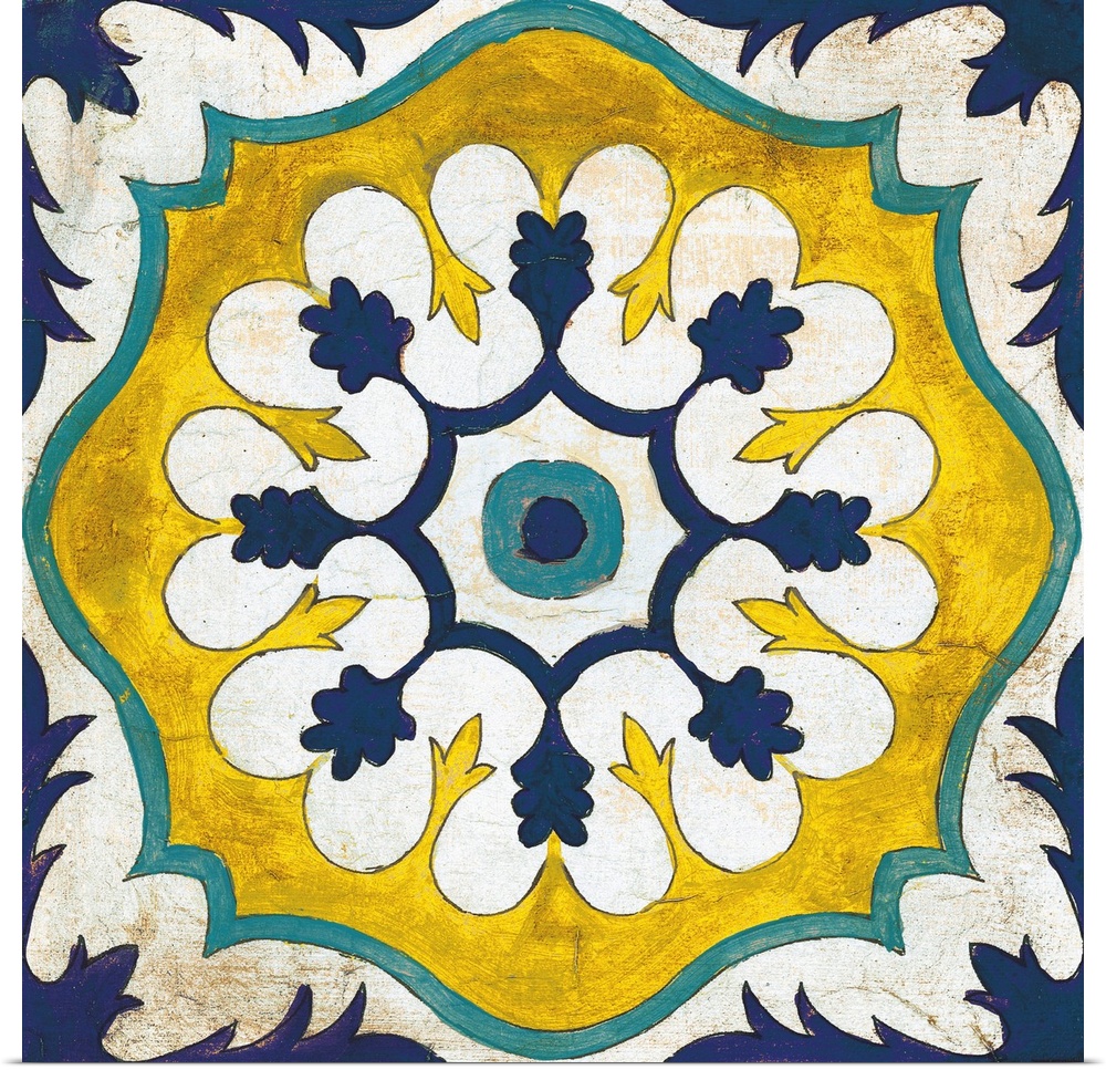 Decorative square painting of a floral tile design in colors of blue, yellow and white.