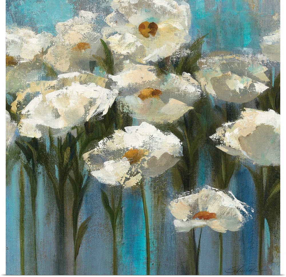 Contemporary floral painting of blooming white flowers and stems sticking up on a texture cool background.