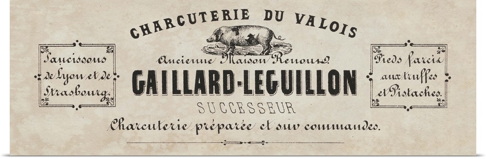 Vintage label for a French butcher shop advertising sausages and pork cuts.