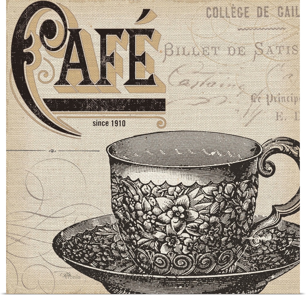 Contemporary artwork of a tee cup and saucer against a beige background of decorative text.