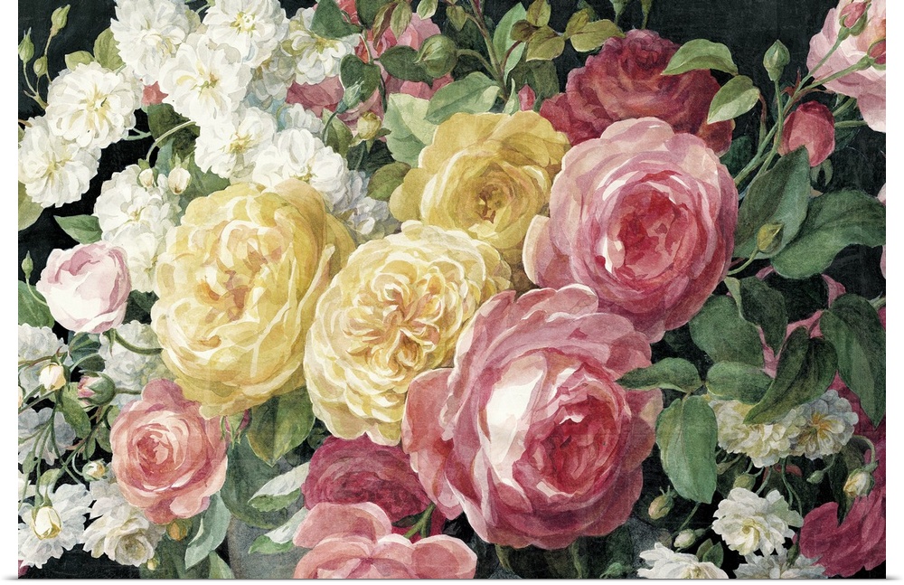Contemporary still life painting of large pink and yellow roses in an antique style.