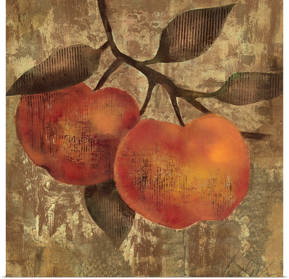 Painting of two pieces of fruit hanging from a branch with textured abstract background.