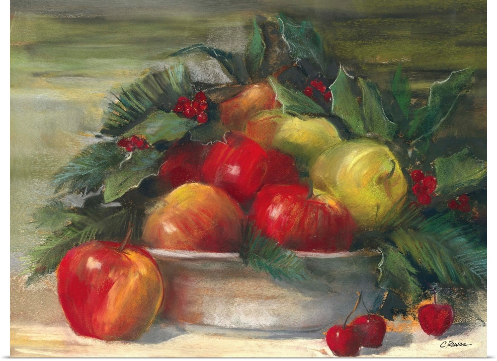 Contemporary painting of a bowl of lush looking fruit.