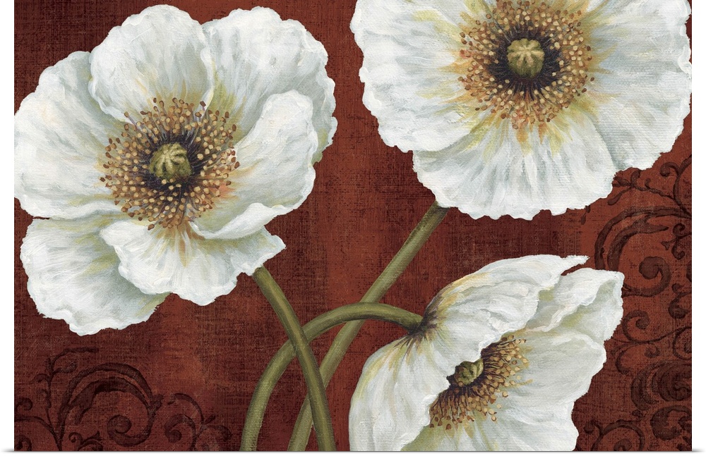 Big, horizontal docor wall art of three large white flowers, two upright and one slightly dropping, on a warm background w...