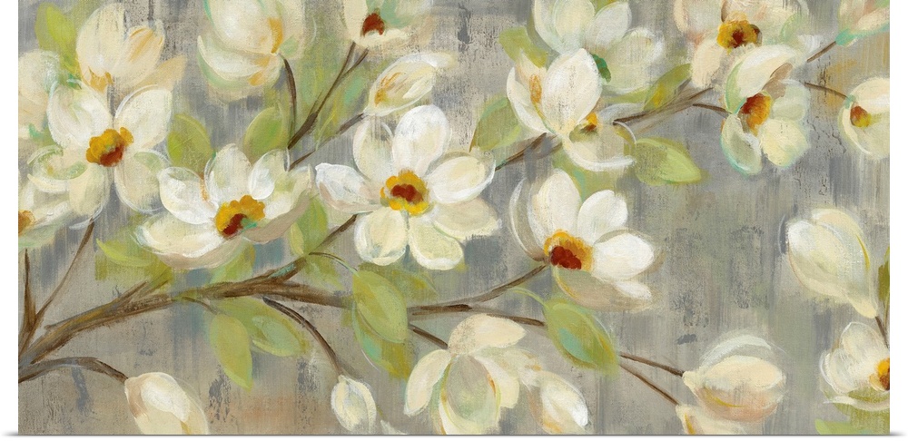 Contemporary painting of magnolia flowers against a pale green background.