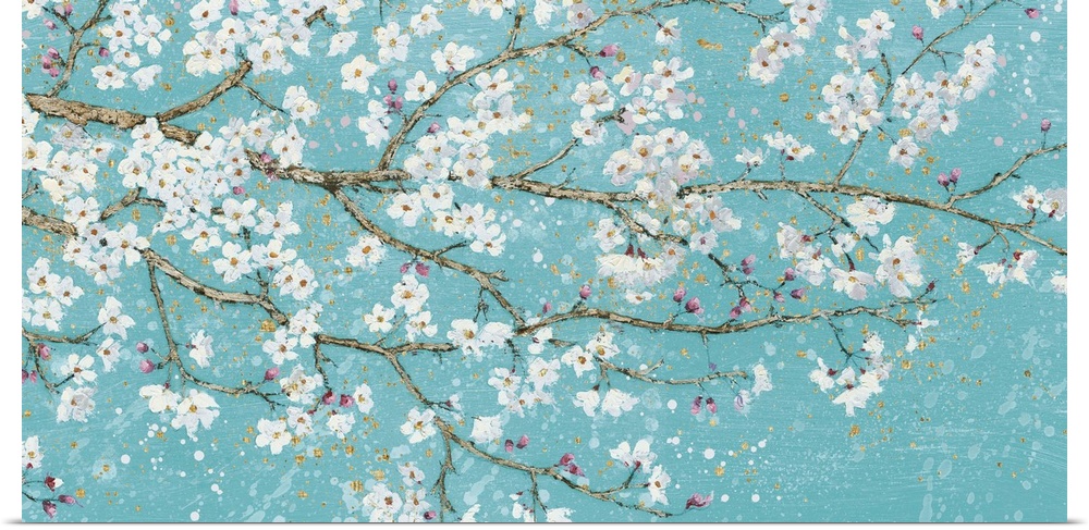 Contemporary painting of branches with white flower blossoms.