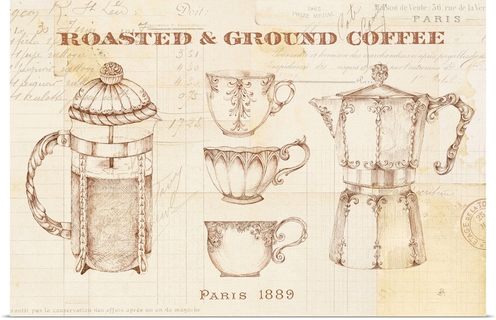 Vintage illustration of beautiful coffee cups, a french press, and a macchinetta on a coffee stained background with "Roas...