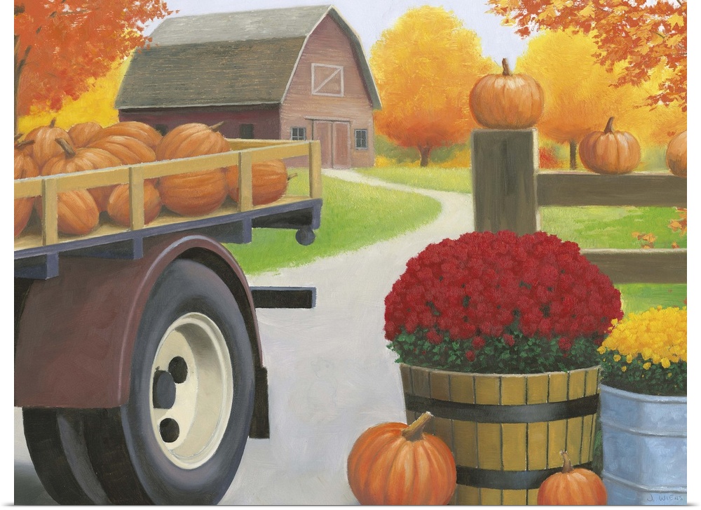 Decorative Fall painting of a farm with a trailer full of pumpkins, potted mums, and a red barn in the background.