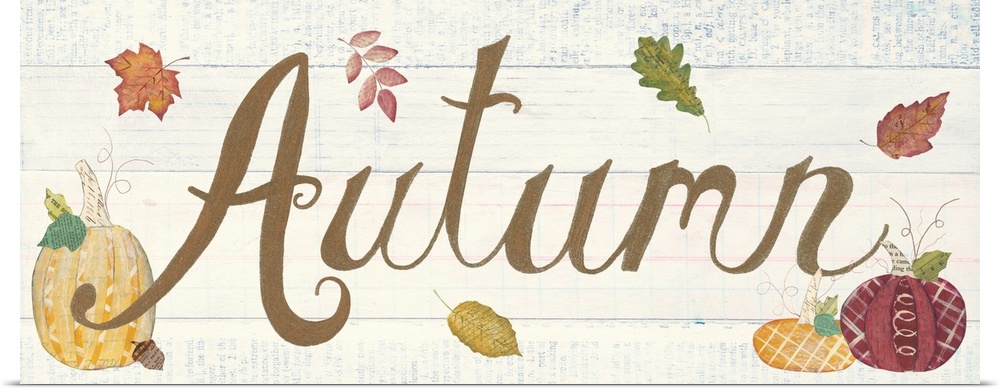 Decorative artwork of the word "Autumn" with fall leaves and pumpkins and a white wood background.