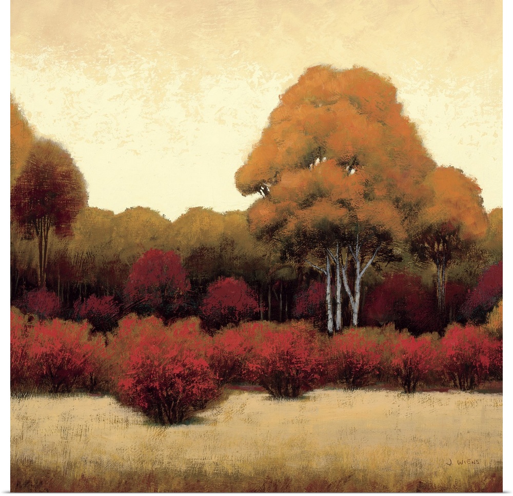 Square home art docor on a large canvas of a warm landscape of trees and bushes on a golden background of sky and ground. ...