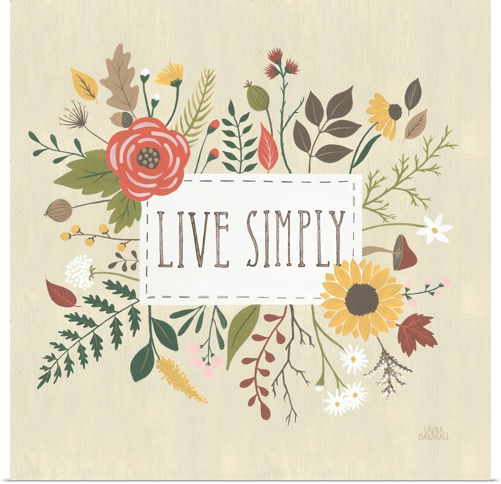 "Live Simply" written in a white rectangle on a light tan background, surrounded by Autumn flowers.