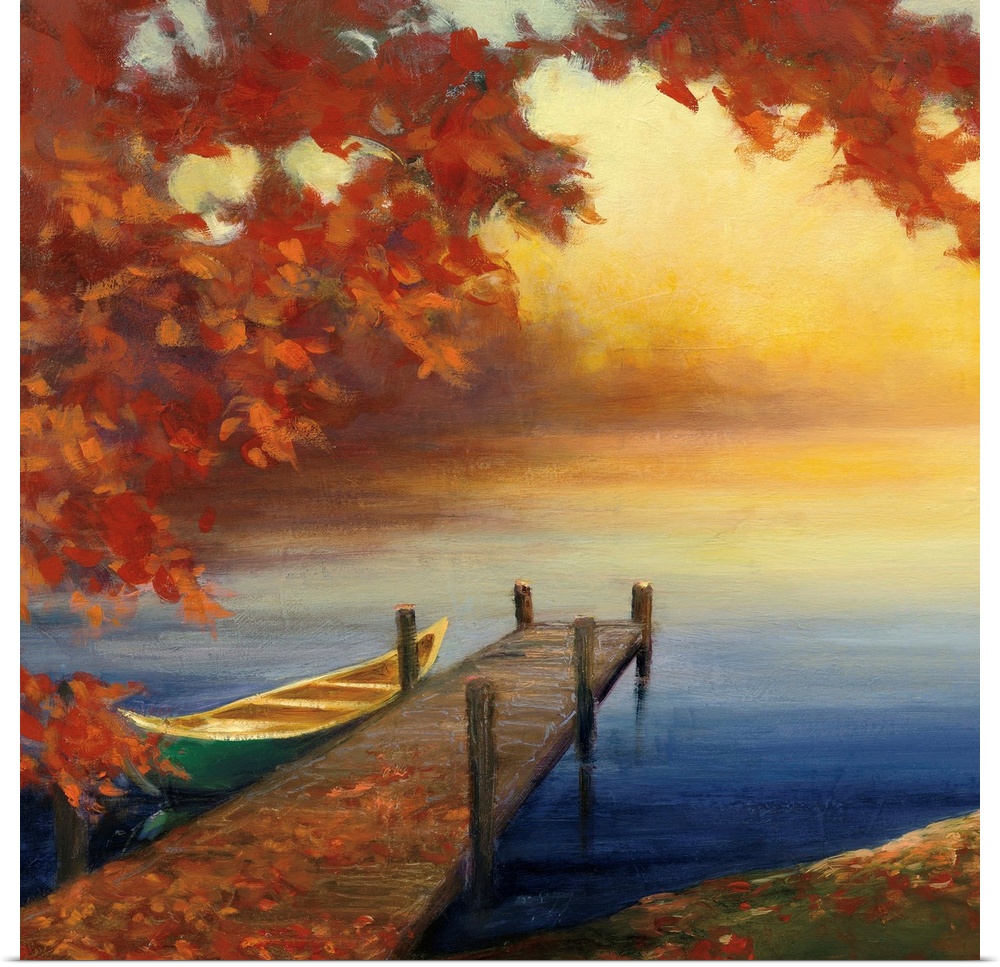 Contemporary artwork of a small pier with a boat in a lake with fall leaves.